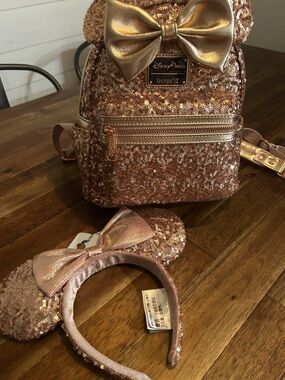 Loungefly Kids Rose Gold Sequin Mini Backpack with Matching Ears